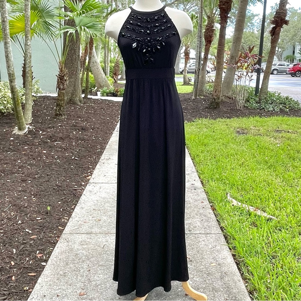 Gianni Bini Black Gem Maxi Dress Size 4 Stretch Rhinestone Halter Zipback Formal